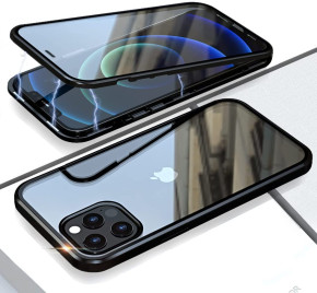 Луксозен алуминиев бъмпър от 2 части с магнити и стъклен протектор лице и гръб оригинален Magnetic Hardware Case за Apple iPhone 13 Pro Max 6.7 черен 